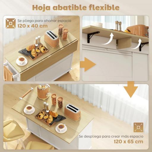 Isla de Cocina con Ruedas Encimera Plegable 2 Puertas con Cierre Suave Bandeja Extraíble 2 Cajones Blanco [3]