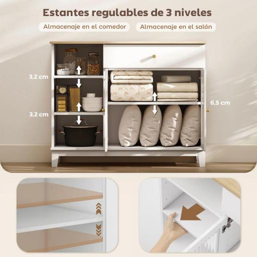 Aparador para Salón con 2 Puertas de Vidrio Cajón Compartimentos Abiertos y Estantes Ajustables 100x35x80,3 cm Blanco [4]