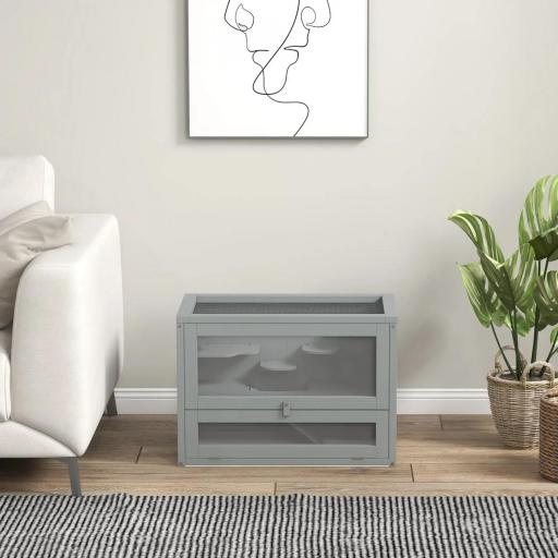 Jaula para Hámster de Madera de 2 Niveles Casa para Animales Pequeños con Plataformas Escaleras 60x35x42 cm Gris [7]
