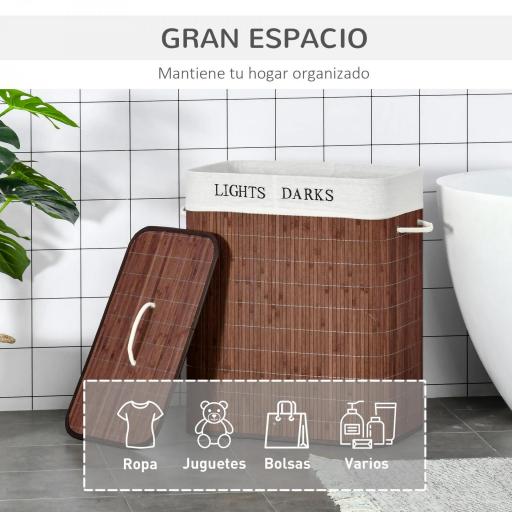 Cesto para Ropa Sucia de Bambú Capacidad de 100L Cesta para la Colada Rectangular con Tapa Extraíble Bolsa de 2 Compartimentos 52x32x63 cm Marrón [3]