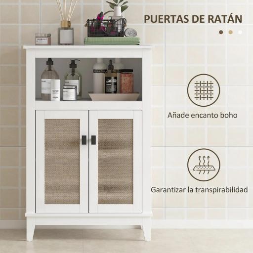 Mueble Auxiliar de Baño con 2 Puertas con Frontal de Ratán Estante Ajustable y Compartimento Abierto 60x30x90 cm Blanco [5]