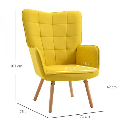 Sillón Individual con Respaldo Alto Reposabrazos Tela de Lino y Patas de Madera para Comedor Cocina 71x76x101cm Amarillo [1]