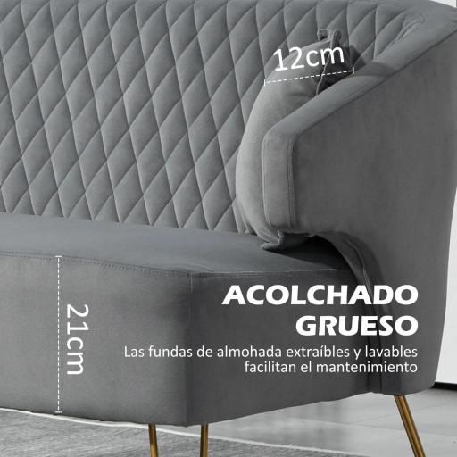 Sofá de 2 Plazas Tapizado en Terciopelo con 2 Almohadas Reposabrazos y Patas de Acero Carga 240 kg 124x69x76 cm Gris [3]
