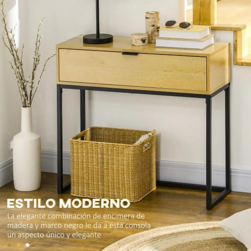 Mesa Consola con Cajón Consola Auxiliar Moderna Mesa de Entrada con Patas de Acero para Pasillo Salón 80x30x76cm Natural [3]