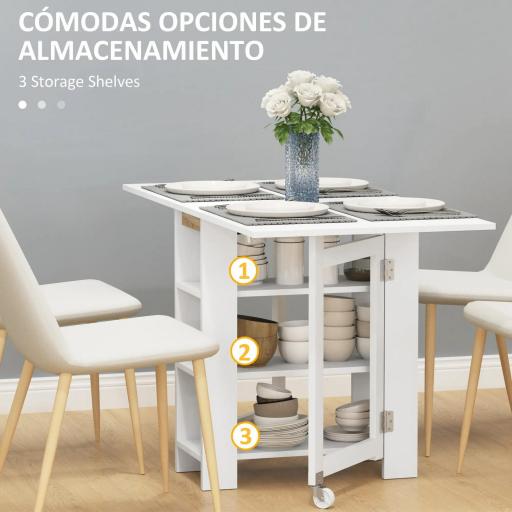Mesa de Cocina Plegable con Alas Abatibles 2 Ruedas y Estantes Estilo Moderno 120x60x75 cm Blanco [5]