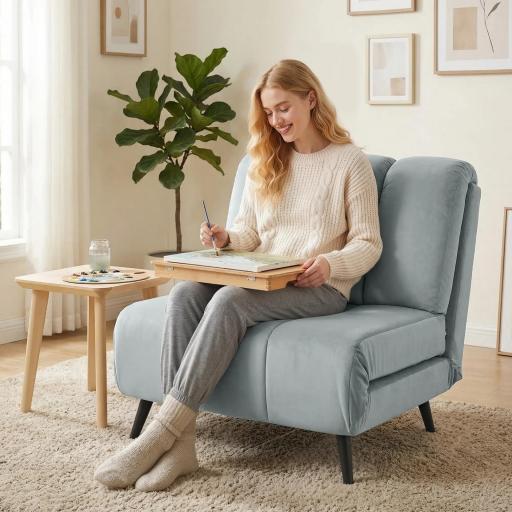 Sillón Cama Individual 3 en 1 Sofá Cama Plegable con Respaldo Ajustable y Cojín Grueso para Salón 72x88x87 cm Gris [6]