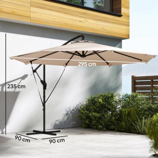 Parasol Excéntrico Ø300 cm con Base Cruzada Manivela Funda Protectora y Cuerdas de Viento UPF30+ Caqui [1]