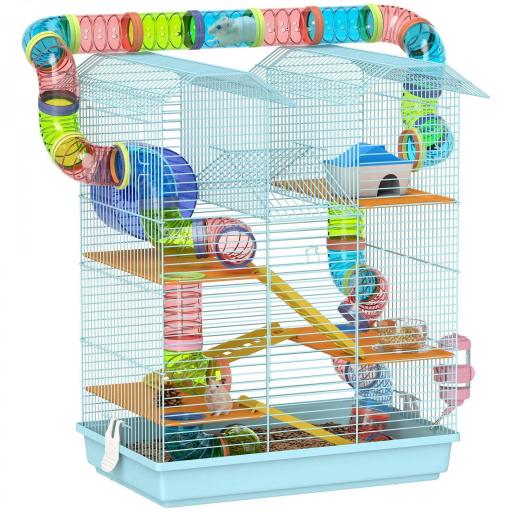 Jaula para Hámster de Múltiples Niveles con Tubos Plataformas Comedero Bebedero Casita Rueda Escaleras 47x30x59 cm Azul [9]