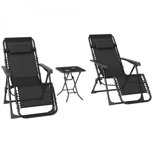 Set de 2 Tumbonas Jardín Exterior Plegables de Gravedad Cero con Mesa Auxiliar con Portavasos Reposacabezas Negro [9]
