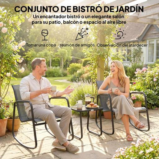 Conjunto de Jardín de 3 Piezas con 2 Sillas Mecedoras Mesa con Encimera de Vidrio y Estructura de Acero para Patio Gris [6]