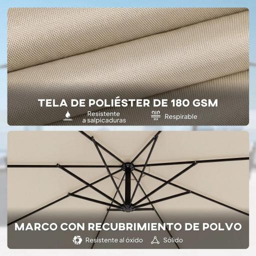 Parasol Excéntrico Ø300 cm con Base Cruzada Toldo Ajustable y Manivela UPF30+ para Terraza Patio Blanco Crema [5]