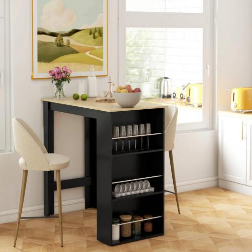 Mesa Alta de Bar Mesa de Cocina con 3 Estantes Marco de Madera Estilo Moderno 112x57x106 cm Negro y Natural [7]