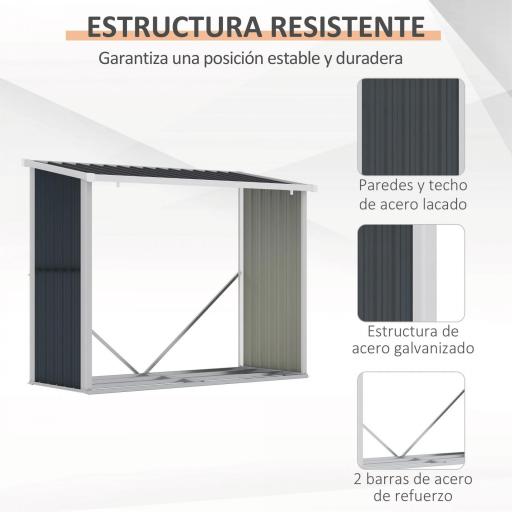 Casetilla para Leña Acero Galvanizado Cobertizo Leñero de Almacenamiento de Troncos con Techo Inclinado para Jardín Terraza Exterior 185x84x133,5/148,5 cm Gris [5]