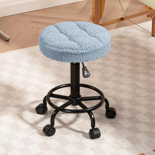 Taburete Giratorio Redondo Taburete con Ruedas Altura Regulable 50-66 cm Asiento Tapizado en Tejido de Borreguito Azul [4]
