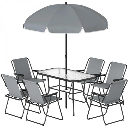 Conjunto de Mesa y Sillas Jardín de 8 Piezas con Sombrilla 6 Sillas Plegables Mesa de Vidrio Templado Gris [8]