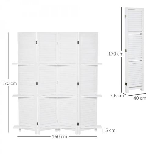 Biombo Separador de Madera de 4 Paneles Divisor de Habitaciones Plegable con 3 Estantes Extraíbles Diseño Persiana para Dormitorio Oficina 160x170 cm Blanco [1]