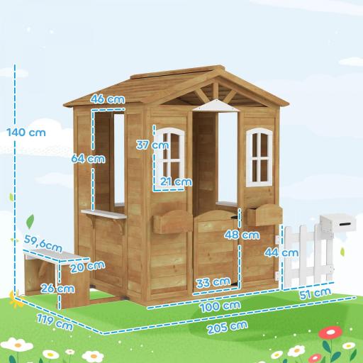 Casita Infantil Exterior de Madera con Buzón Ventanas Jardinera Mostrador y Banco para Niños a Partir de 3 Años Natural [1]