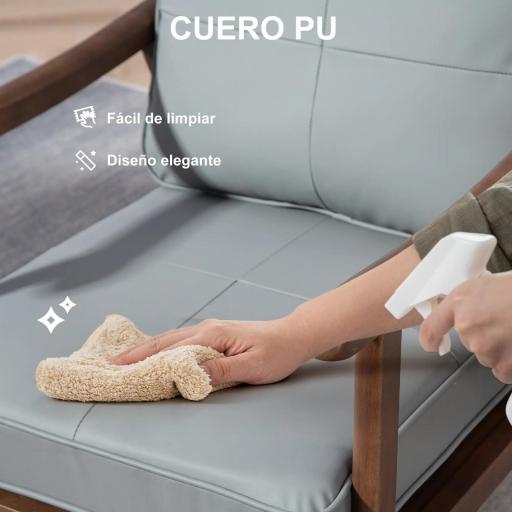 Sillón de Salón Tapizado en PU con Marco de Madera Cojines Acolchados Gruesos Gris y Madera Nogal [6]
