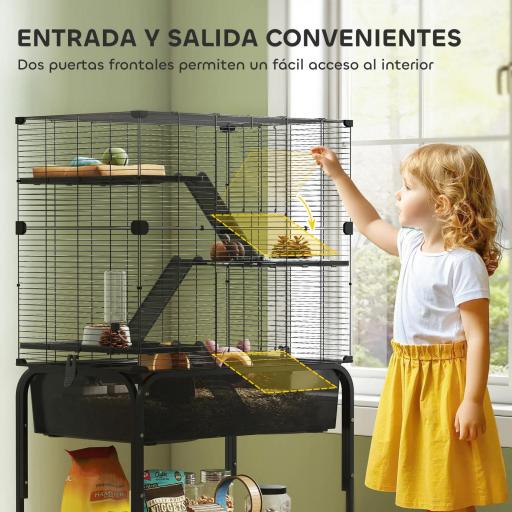 Jaula para Animales Pequeños de 4 Niveles con Ruedas Bandeja Profunda Rampas Plataformas y Comedero 73x47x123 cm Negro [1]