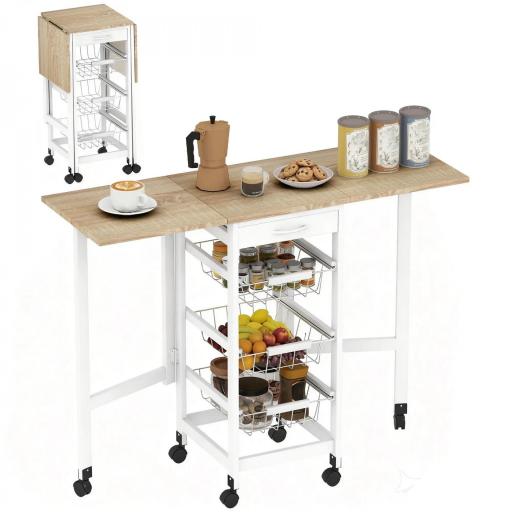Carrito Auxiliar Plegable Carrito de Cocina con 6 Ruedas 1 Cajón y 3 Cesta de Metal 97,2x37x77,5 cm Blanco y Roble [2]