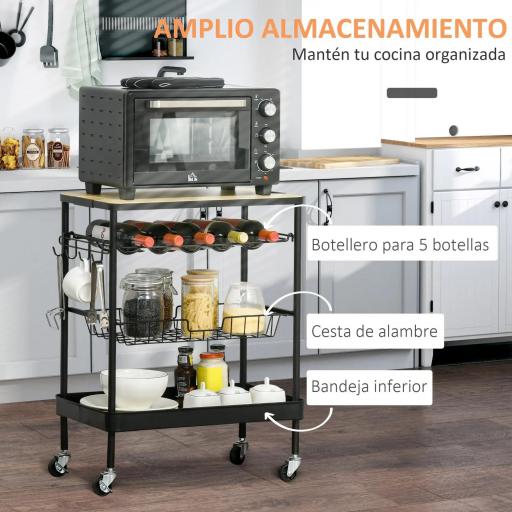 Carro de Cocina con Ruedas Carrito de Servicio Multiuso con Botellero Cesta Extraíble Bandeja 60,5x35,5x75 cm Negro [2]