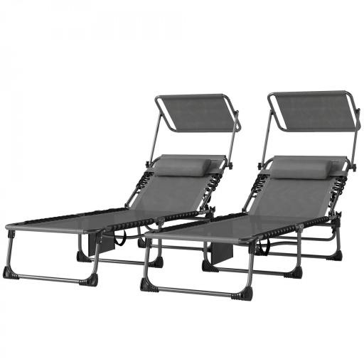 Set de 2 Tumbonas Plegables con Reposacabezas Parasol Bolsillo Lateral y Respaldo Reclinable en 5 Posiciones Gris [8]