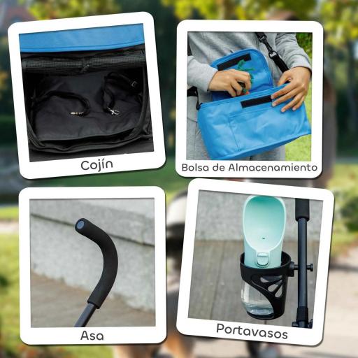 Cochecito para Perros Pequeños con Estructura de Paraguas con Cojín Lavable Portavaso Ventanas de Malla y Bolsa Azul [4]