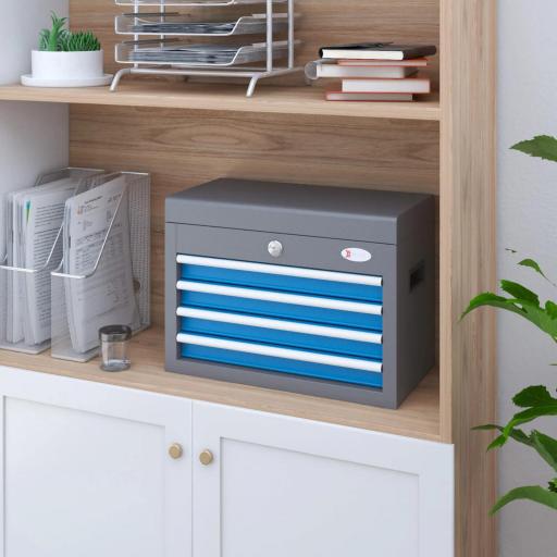 Caja de Herramientas Metálica con Cerradura 4 Cajones y Bandeja Superior Asa Lateral 20Kg Capacidad 45x24,5x32,5 cm Gris