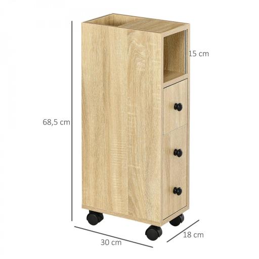 Armario de Baño con Ruedas Mueble Auxiliar para Baño con Estante Abierto Puerta y Cajón 18x30x68,5 cm Roble [1]