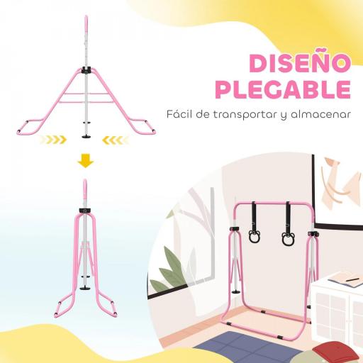Barra de Gimnasia para Niños con Altura Ajustable en 5 Niveles y Anillos Entrenamiento de Gimnasia Plegable en Casa Rosa [1]