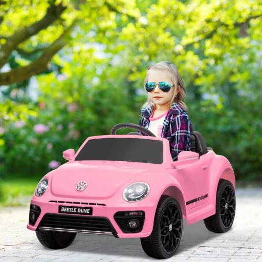 Coche Eléctrico para Niños de +3 Años Volkswagen Beetle con Batería 12V Mando a Distancia Faros Bocina y Música Rosa