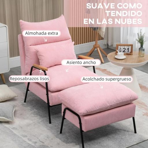 Sillón de Relax con Reposapiés Sillón Reclinable con Respaldo Ajustable Tapizado en Pana 68x91,5x88 cm Rosa [5]