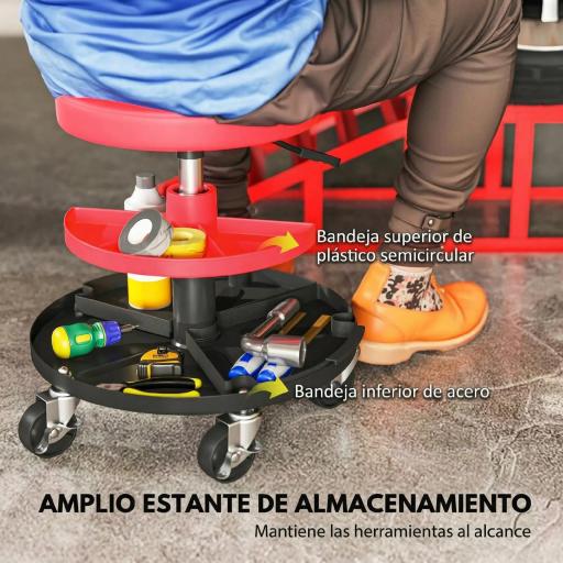 Taburete de Taller Giratorio con Ruedas Altura Ajustable de 40-51 cm y 2 Bandejas Carga 135 kg para Garaje Rojo [5]