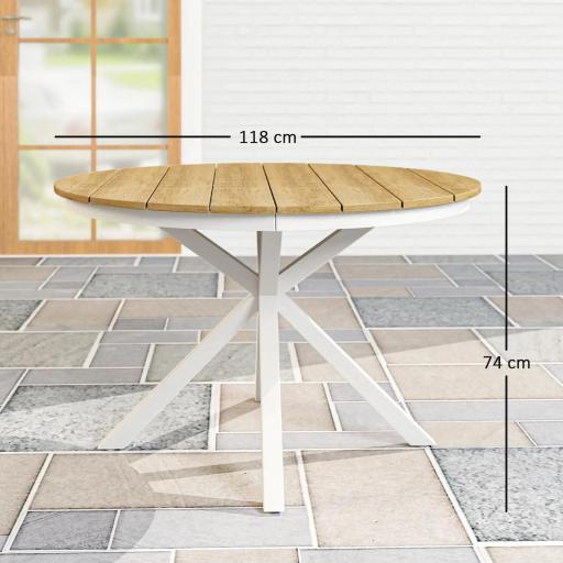 Mesa de Jardín Redonda de Ø118x74cm con Encimera de Lamas Estructura de Aluminio y Patas Cruzadas Teca y Blanco [1]