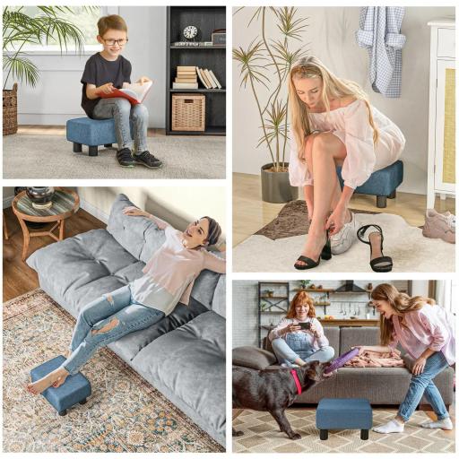 Reposapiés Salón de Tela de Lino Taburete Bajo con Asiento Acolchado Marco de Madera Patas Azul Oscuro [4]