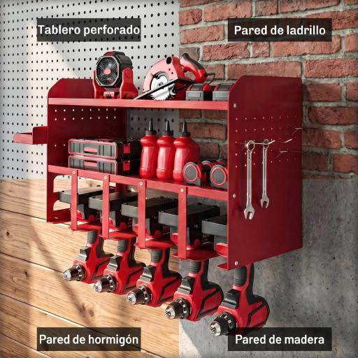Organizador de Herramientas de Jardín Estante de Almacenamiento de Pared de 2 Niveles con Bandeja y Ganchos Rojo [5]