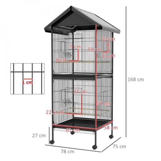 Jaula para Pájaros Grande de 2 Pisos Convertible en Sola Jaula con Ruedas Comederos 4 Perchas 78x75x168 cm Negro [1]