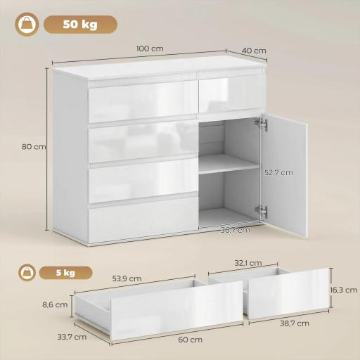 Aparador de Salón con 5 Cajones Estantes Ajustables Puerta de Cierre Suave 100x40x80 cm Blanco Brillo [1]