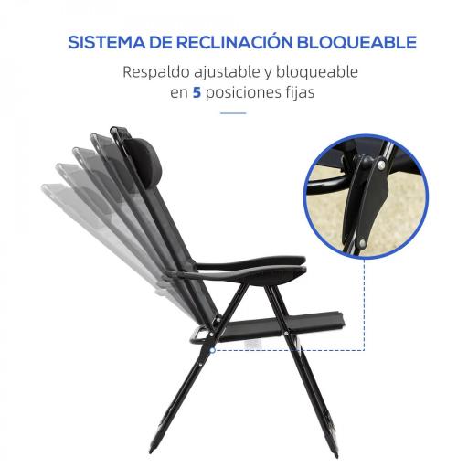 Conjunto de 2 Sillas de Camping Plegables con Reposacabezas Desmontable y Respaldo Reclinable 62x70x109 cm Negro [3]
