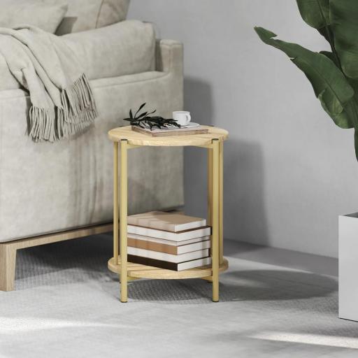Mesa Auxiliar Redonda de 2 Niveles con Estante de Almacenaje y Marco de Acero para Salón Dormitorio Ø41x49 cm Natural [1]