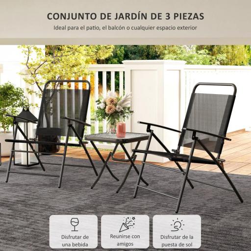 Conjunto de 3 Piezas Mesa con Encimera de Cristal y Sillas Plegables con Respaldo Regulable para Terraza Exterior Negro [2]