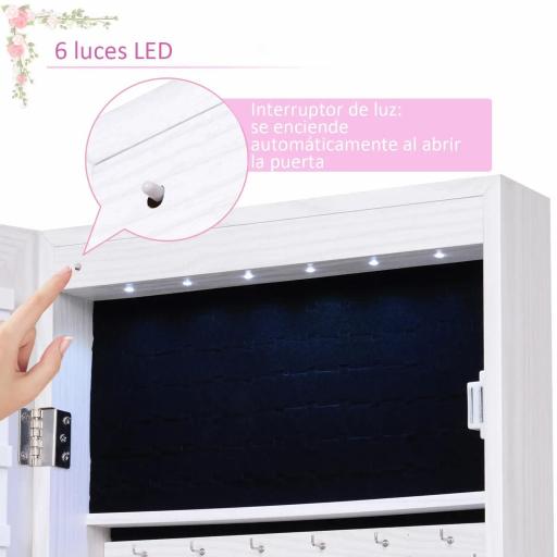 Espejo Joyero Colgante de Pared o Puerta con LED 5 Estantes 2 Cajones Pequeños Espejo Armario Montado con Cerradura 37x120x10cm [4]