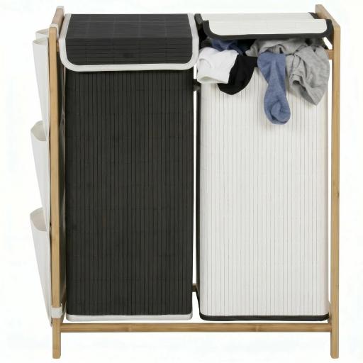 Cesto de Ropa Sucia con Tapa 120L de Bambú con 2 Compartimentos Bolsas con Cordón Bolsillos Laterales Blanco y Negro [10]