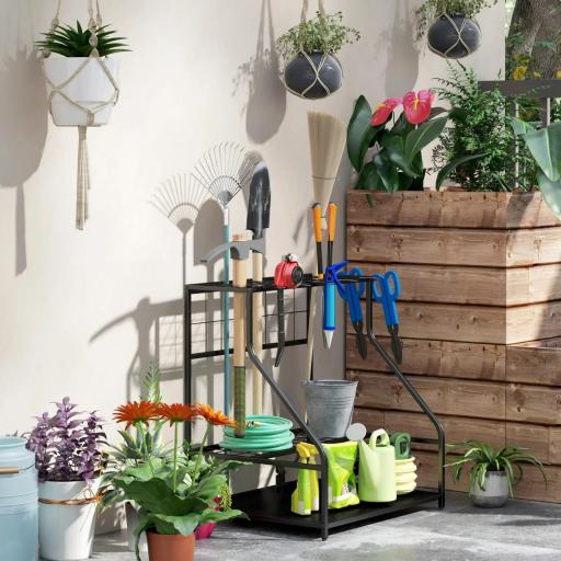 Organizador de Herramientas de Jardín Estantería de Almacenamiento de 3 Niveles para Garaje con Ganchos [6]