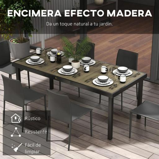Mesa de Comedor Exterior 190x90x74 cm con Encimera de Listones y Estructura de Aluminio para Terraza Rústico y Negro [3]