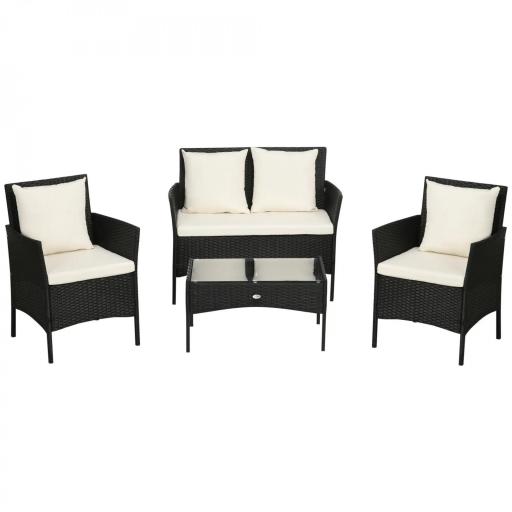 Conjunto de Jardín de Ratán Sintético con 2 Sillones 1 Sofá de 2 Plazas 1 Mesa de Centro y Cojines Negro y Crema [8]