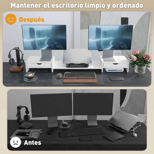 Elevador Monitor Ángulo y Longitud Ajustable con 2 Cajones para Portátil Computadora PC 60-116x22x12 cm Blanco [7]