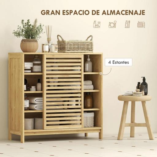 Armario de Baño de Bambú con 2 Puertas Correderas Diseño de Lamas 4 Estantes Mueble Auxiliar de Baño 80x34x80 cm Natural [2]