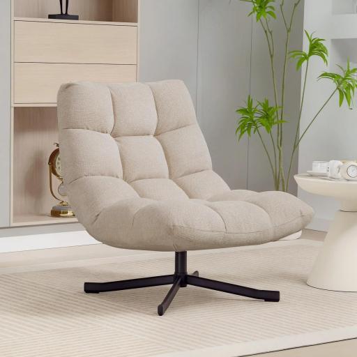 Butaca de Salón Giratoria Moderna Tapizada en Chenilla con Asiento Ancho Base Cruz y Patas de Acero Sillón Relax Crema