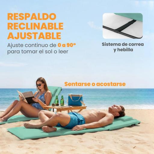Conjunto de 2 Esterillas de Playa Plegable con Respaldo Ajustable Reposacabezas Acolchado 146x50x2 cm Verde [2]